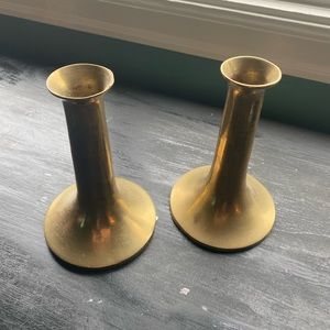 two vintage brass conical candlestick holders